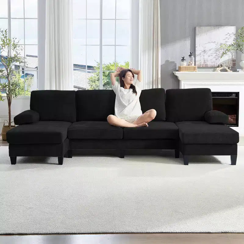 Mjkone Canapés modulaires en U 110, Grand canapé 4 places en tissu chenille avec doubles méridiennes et accoudoirs convertibles en couchage