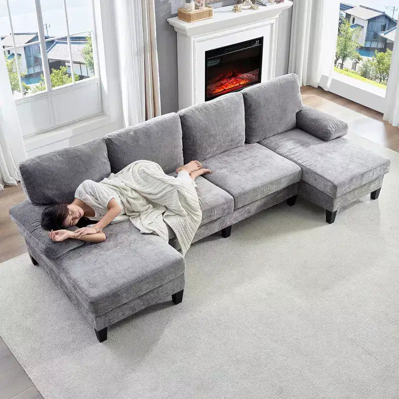 Mjkone Canapés modulaires en U 110, Grand canapé 4 places en tissu chenille avec doubles méridiennes et accoudoirs convertibles en couchage