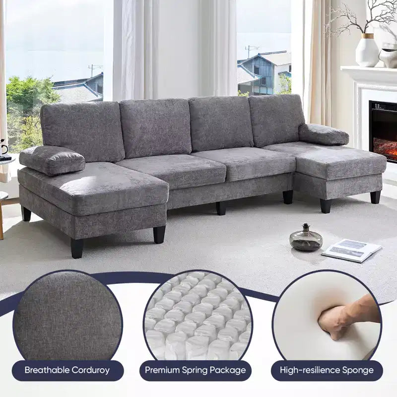 Mjkone Canapés modulaires en U 110, Grand canapé 4 places en tissu chenille avec doubles méridiennes et accoudoirs convertibles en couchage