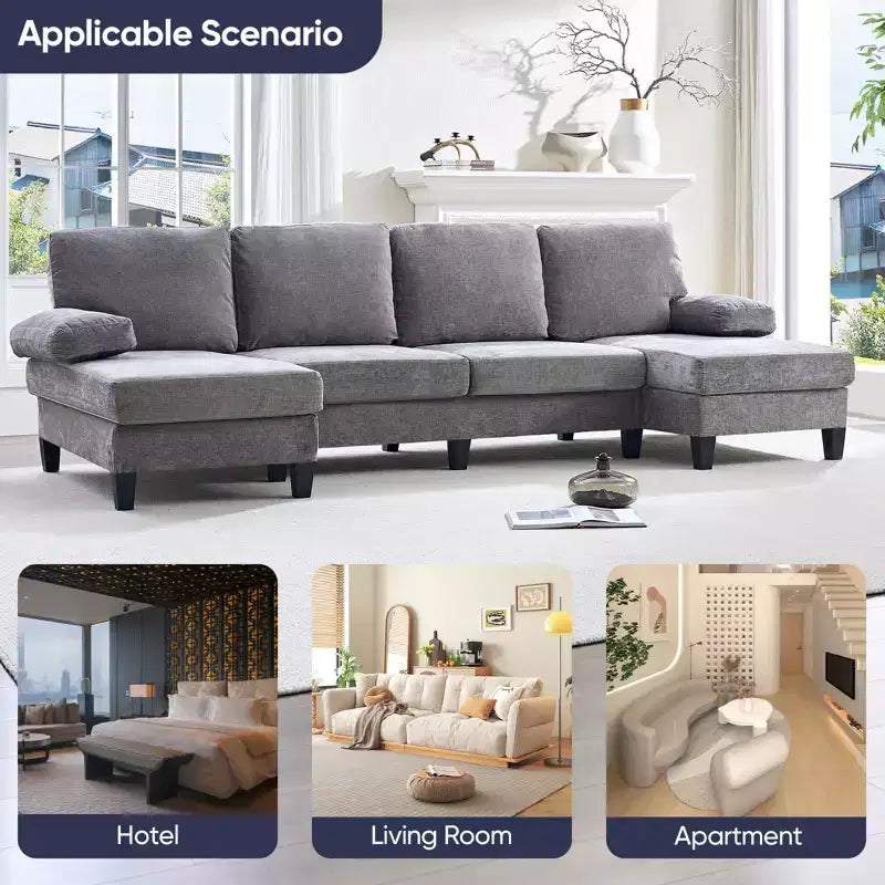 Mjkone Canapés modulaires en U 110, Grand canapé 4 places en tissu chenille avec doubles méridiennes et accoudoirs convertibles en couchage