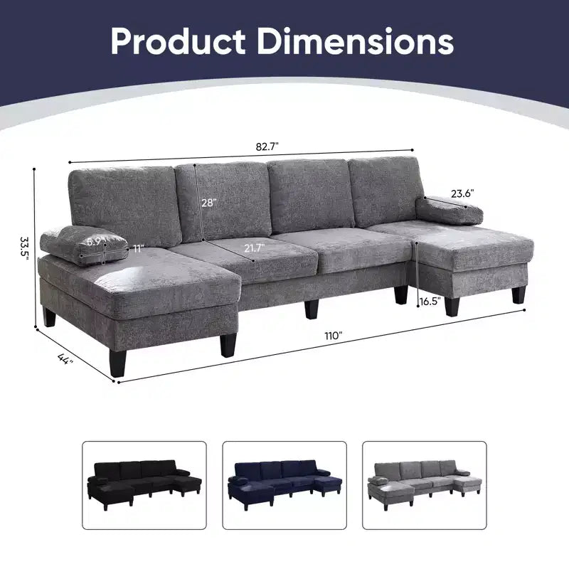 Mjkone Canapés modulaires en U 110, Grand canapé 4 places en tissu chenille avec doubles méridiennes et accoudoirs convertibles en couchage