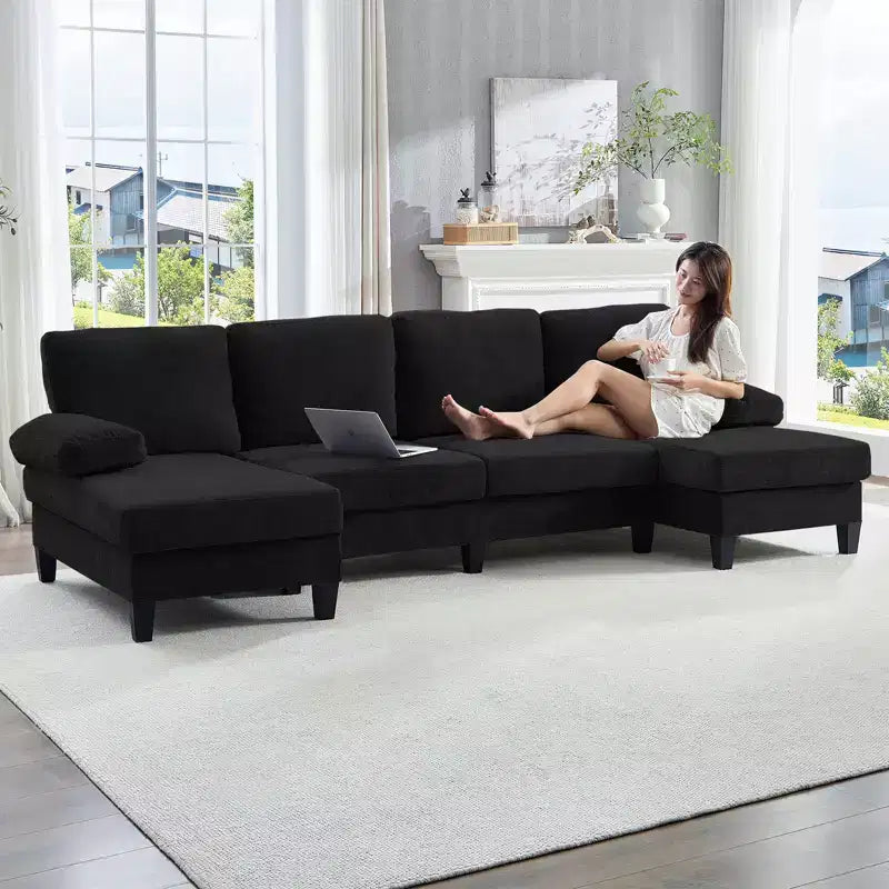 Mjkone Canapés modulaires en U 110, Grand canapé 4 places en tissu chenille avec doubles méridiennes et accoudoirs convertibles en couchage