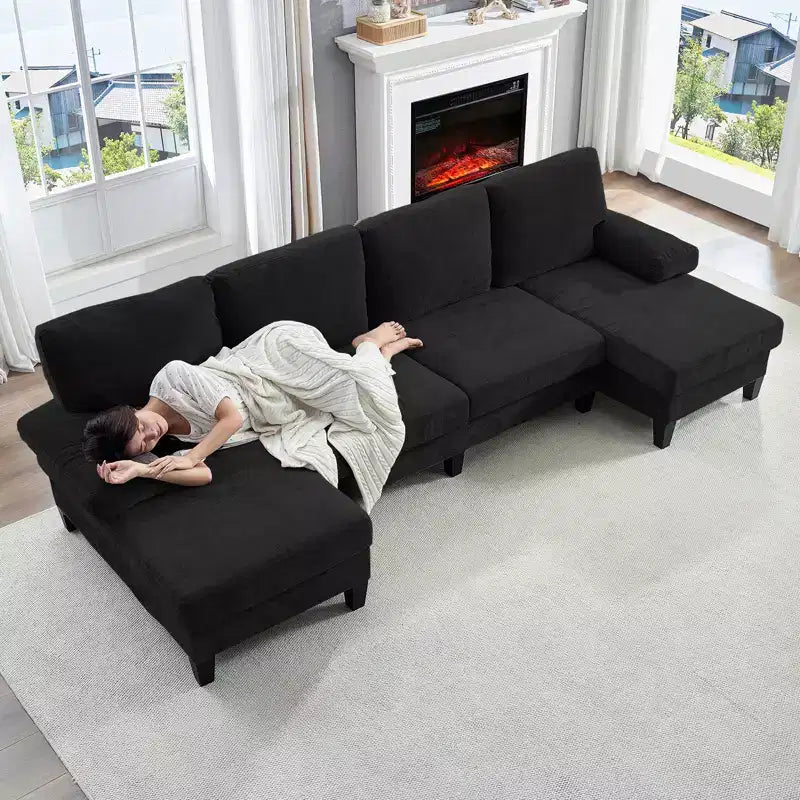Mjkone Canapés modulaires en U 110, Grand canapé 4 places en tissu chenille avec doubles méridiennes et accoudoirs convertibles en couchage
