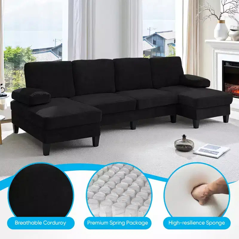 Mjkone Canapés modulaires en U 110, Grand canapé 4 places en tissu chenille avec doubles méridiennes et accoudoirs convertibles en couchage