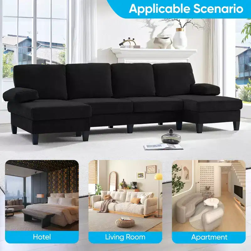 Mjkone Canapés modulaires en U 110, Grand canapé 4 places en tissu chenille avec doubles méridiennes et accoudoirs convertibles en couchage