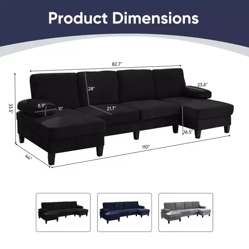 Mjkone Canapés modulaires en U 110, Grand canapé 4 places en tissu chenille avec doubles méridiennes et accoudoirs convertibles en couchage