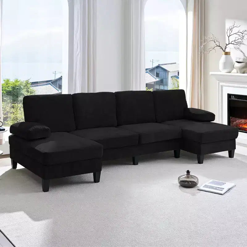 Mjkone 110U-Shaped Sectional Couches,Chenille Upholstered Large 4-Seater Sofa with Double Chaises and Sleepable Armrests