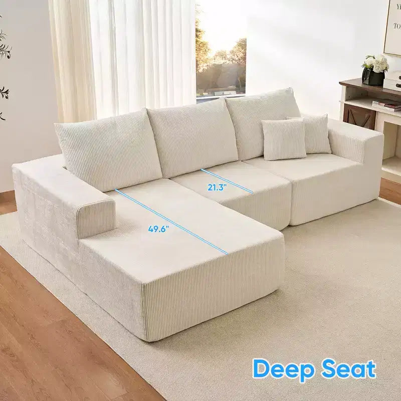 Mjkone Canapé sectionnel en velours côtelé 108" avec méridienne, canapé modulaire en nuage à 3 pièces combinables, canapé en L