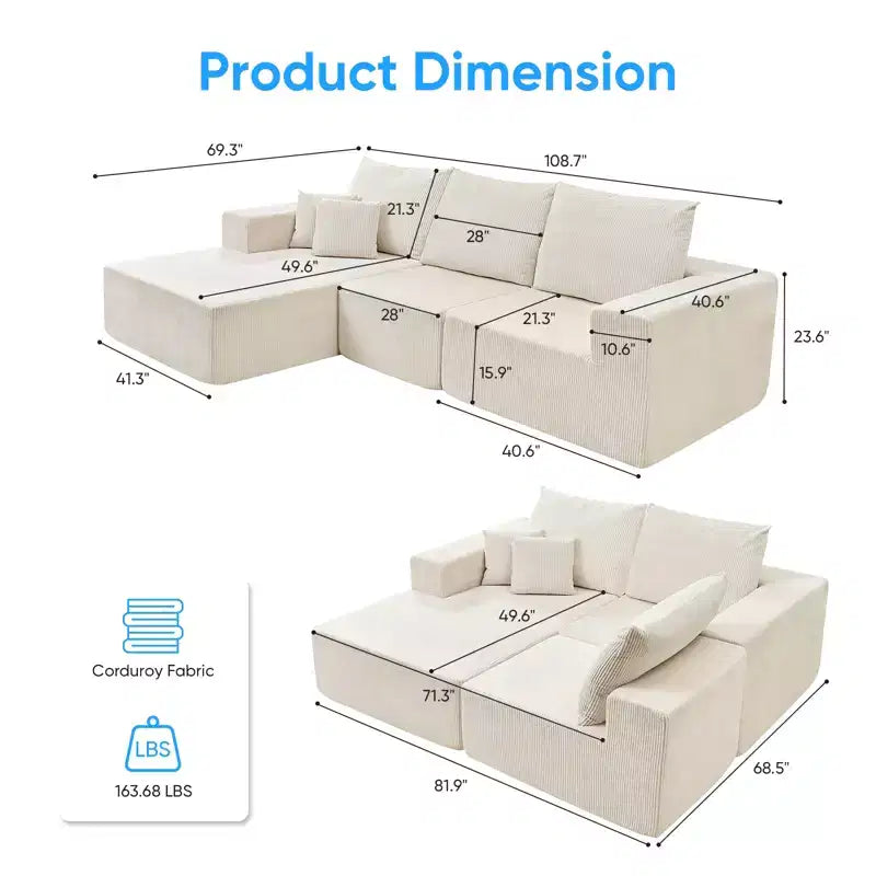 Mjkone Canapé sectionnel en velours côtelé 108" avec méridienne, canapé modulaire en nuage à 3 pièces combinables, canapé en L