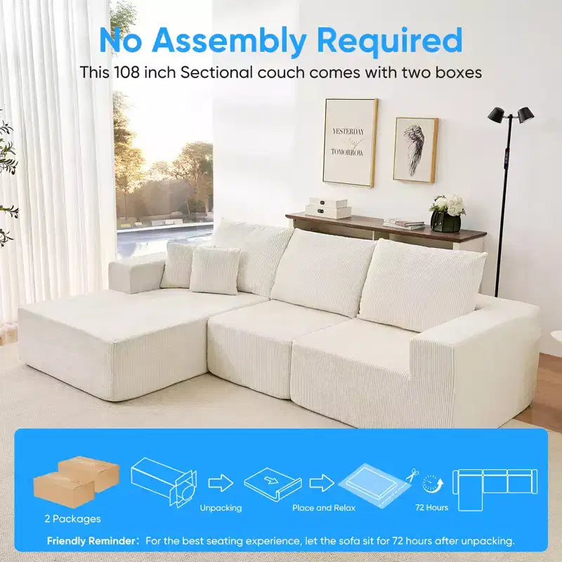 Mjkone Canapé sectionnel en velours côtelé 108" avec méridienne, canapé modulaire en nuage à 3 pièces combinables, canapé en L