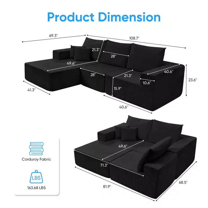 Mjkone Canapé sectionnel en velours côtelé 108" avec méridienne, canapé modulaire en nuage à 3 pièces combinables, canapé en L