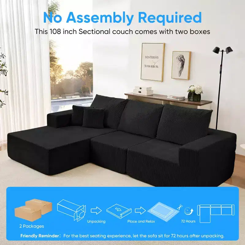 Mjkone Canapé sectionnel en velours côtelé 108" avec méridienne, canapé modulaire en nuage à 3 pièces combinables, canapé en L