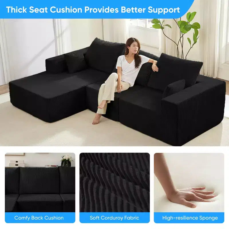 Mjkone Canapé sectionnel en velours côtelé 108" avec méridienne, canapé modulaire en nuage à 3 pièces combinables, canapé en L