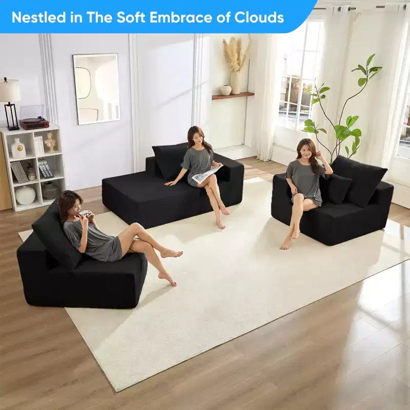 Mjkone Canapé sectionnel en velours côtelé 108" avec méridienne, canapé modulaire en nuage à 3 pièces combinables, canapé en L