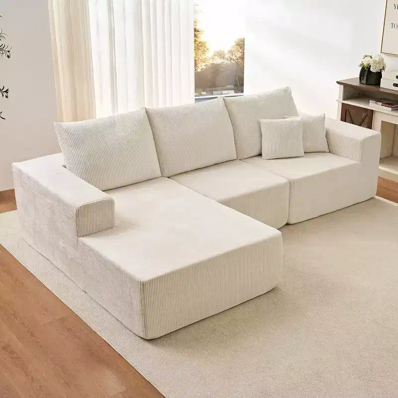 Mjkone Canapé sectionnel en velours côtelé 108" avec méridienne, canapé modulaire en nuage à 3 pièces combinables, canapé en L
