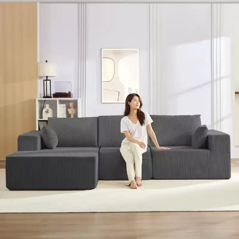 Mjkone Canapé sectionnel en velours côtelé 108" avec méridienne, canapé modulaire en nuage à 3 pièces combinables, canapé en L