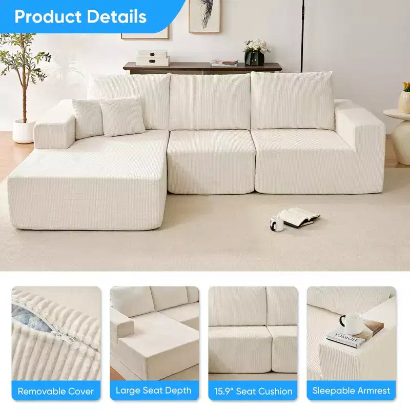 Mjkone Canapé sectionnel en velours côtelé 108" avec méridienne, canapé modulaire en nuage à 3 pièces combinables, canapé en L