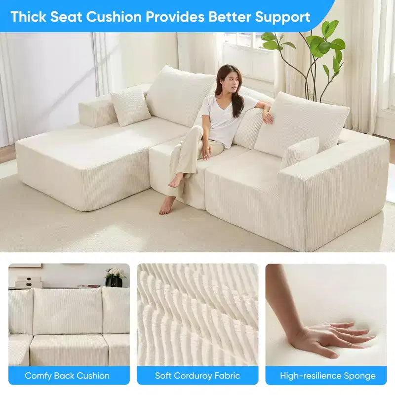 Mjkone Canapé sectionnel en velours côtelé 108" avec méridienne, canapé modulaire en nuage à 3 pièces combinables, canapé en L