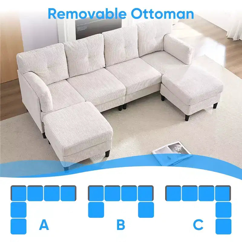 Mjkone Canapé modulable réversible en velours côtelé en forme de U, rembourré 4 places avec pouf mobile