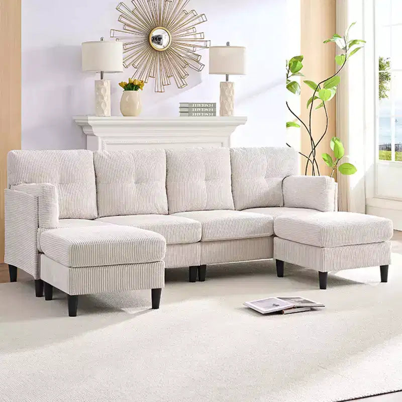 Mjkone Canapé modulable réversible en velours côtelé en forme de U, rembourré 4 places avec pouf mobile