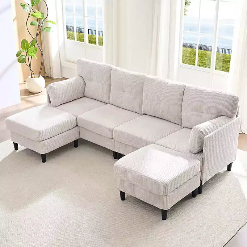 Mjkone Canapé modulable réversible en velours côtelé en forme de U, rembourré 4 places avec pouf mobile