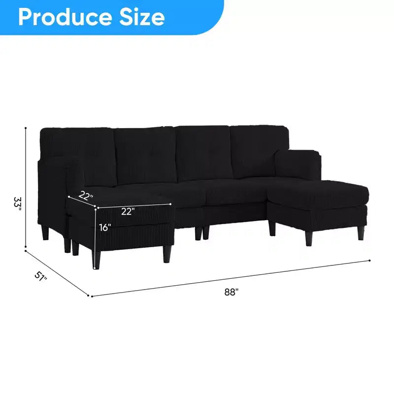 Mjkone Canapé modulable réversible en velours côtelé en forme de U, rembourré 4 places avec pouf mobile