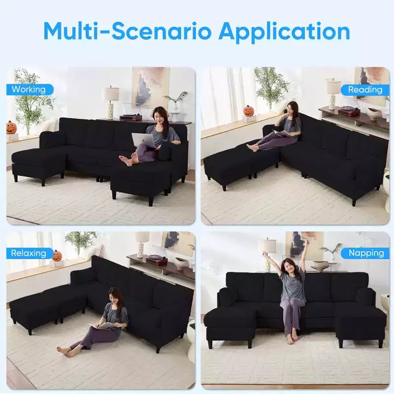 Mjkone Canapé modulable réversible en velours côtelé en forme de U, rembourré 4 places avec pouf mobile