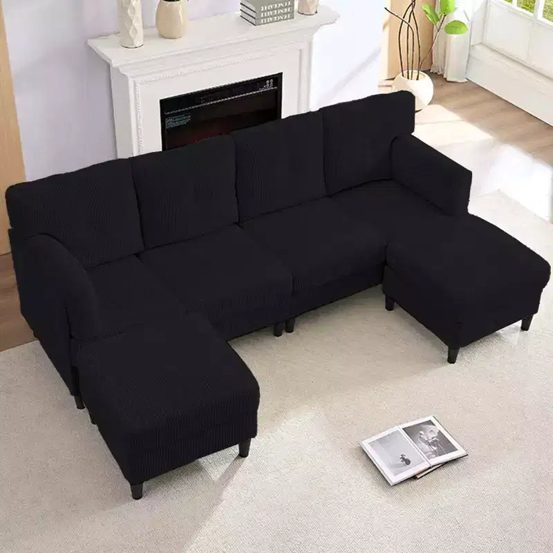 Mjkone Canapé modulable réversible en velours côtelé en forme de U, rembourré 4 places avec pouf mobile