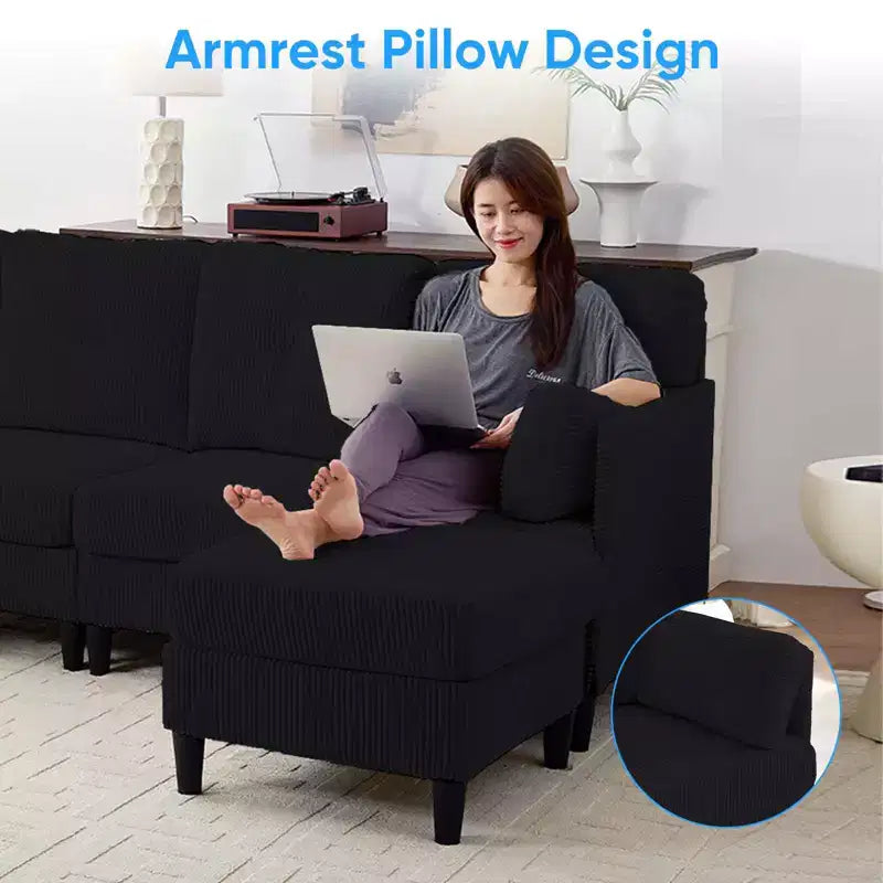 Mjkone Canapé modulable réversible en velours côtelé en forme de U, rembourré 4 places avec pouf mobile