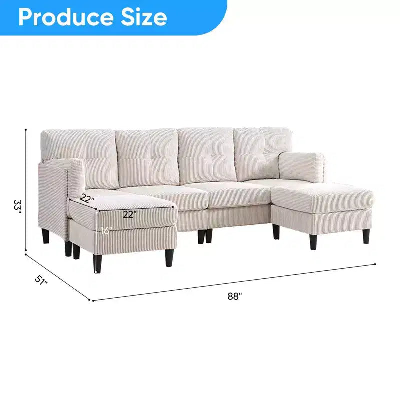 Mjkone Canapé modulable réversible en velours côtelé en forme de U, rembourré 4 places avec pouf mobile
