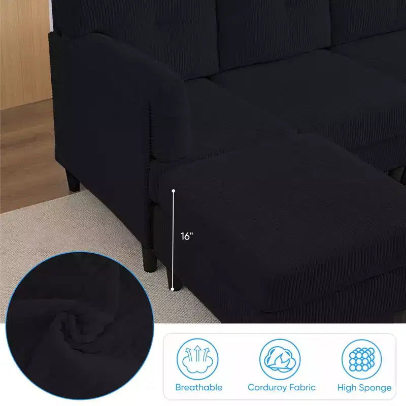 Mjkone Canapé modulable réversible en velours côtelé en forme de U, rembourré 4 places avec pouf mobile