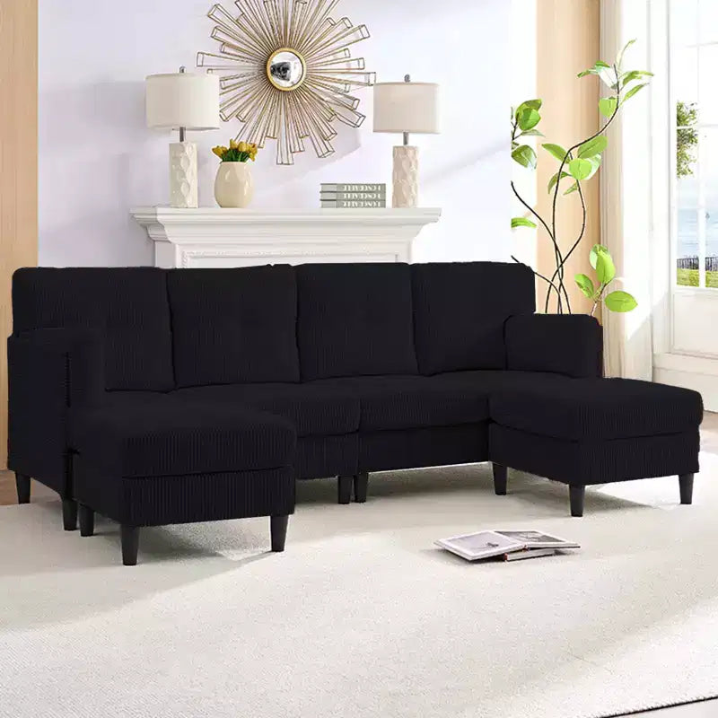 Mjkone Canapé modulable réversible en velours côtelé en forme de U, rembourré 4 places avec pouf mobile