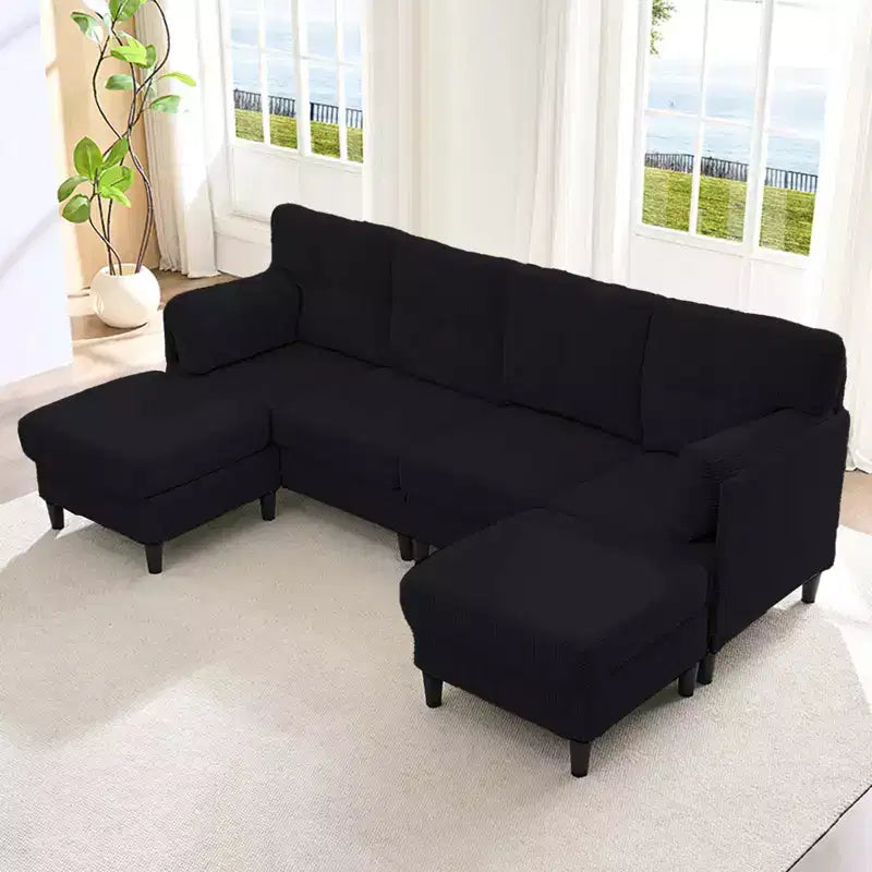 Mjkone Canapé modulable réversible en velours côtelé en forme de U, rembourré 4 places avec pouf mobile