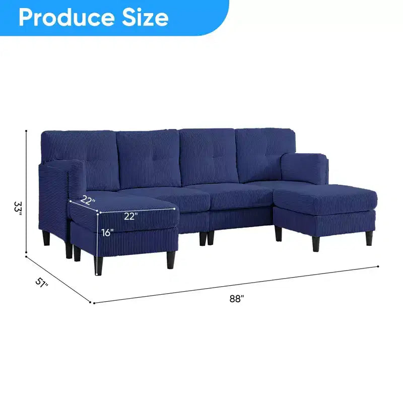Mjkone Canapé modulable réversible en velours côtelé en forme de U, rembourré 4 places avec pouf mobile