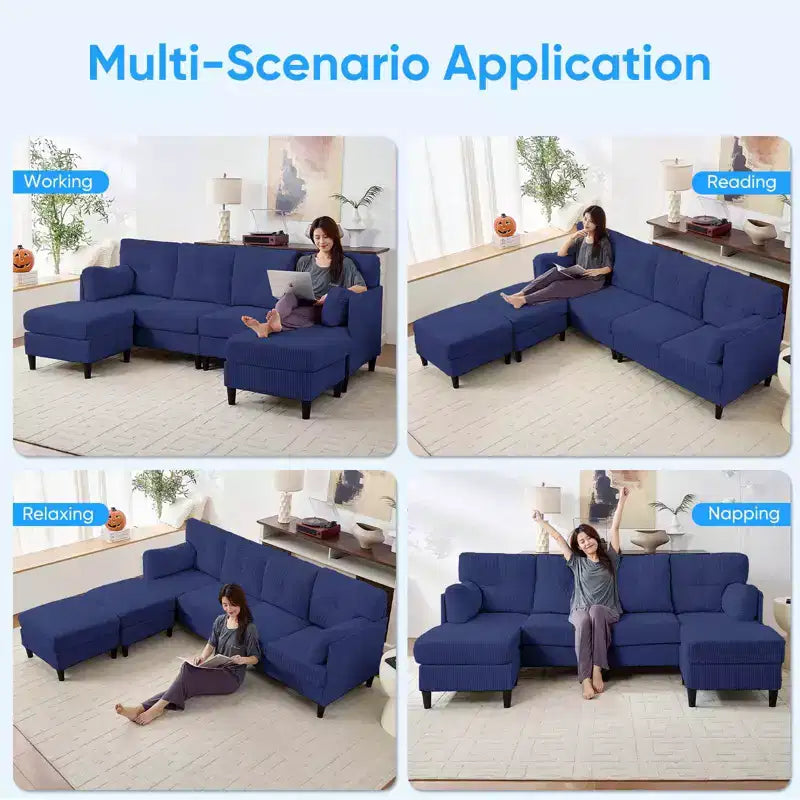 Mjkone Canapé modulable réversible en velours côtelé en forme de U, rembourré 4 places avec pouf mobile