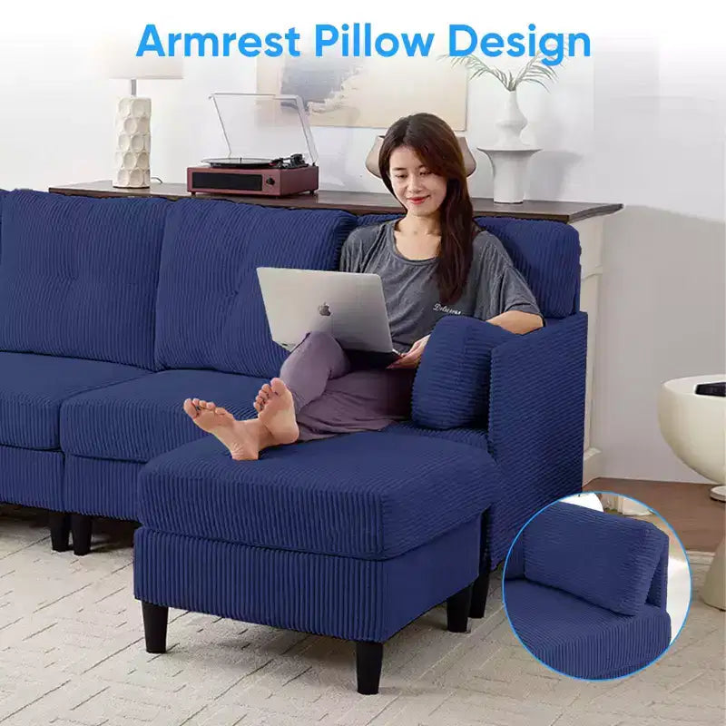 Mjkone Canapé modulable réversible en velours côtelé en forme de U, rembourré 4 places avec pouf mobile