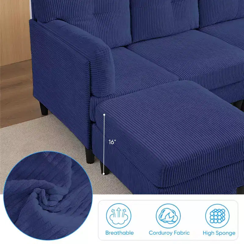 Mjkone Canapé modulable réversible en velours côtelé en forme de U, rembourré 4 places avec pouf mobile