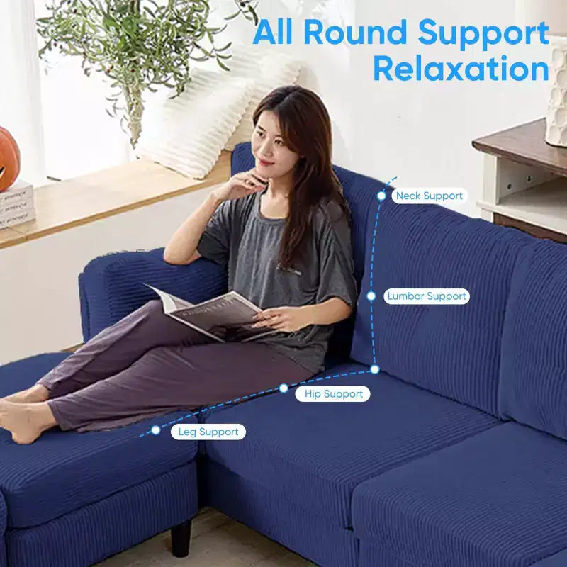 Mjkone Canapé modulable réversible en velours côtelé en forme de U, rembourré 4 places avec pouf mobile