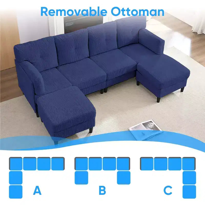 Mjkone Canapé modulable réversible en velours côtelé en forme de U, rembourré 4 places avec pouf mobile