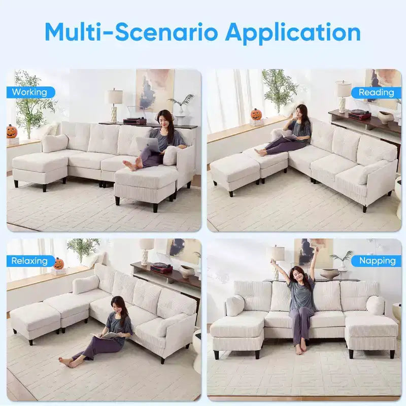 Mjkone Canapé modulable réversible en velours côtelé en forme de U, rembourré 4 places avec pouf mobile