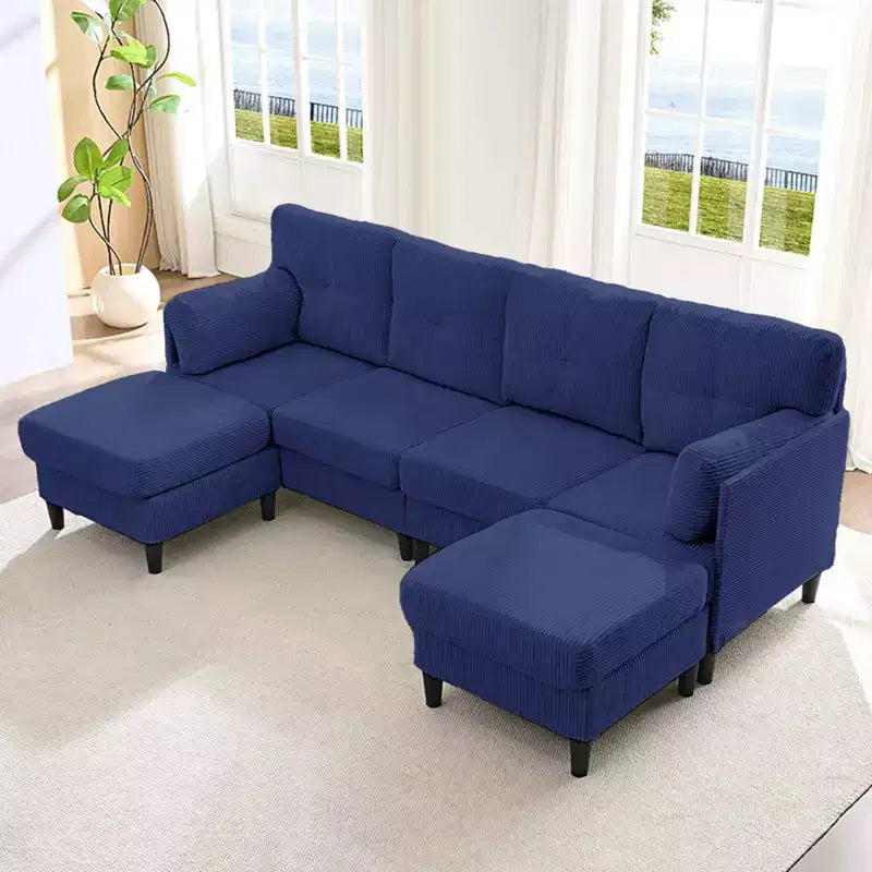 Mjkone Canapé modulable réversible en velours côtelé en forme de U, rembourré 4 places avec pouf mobile