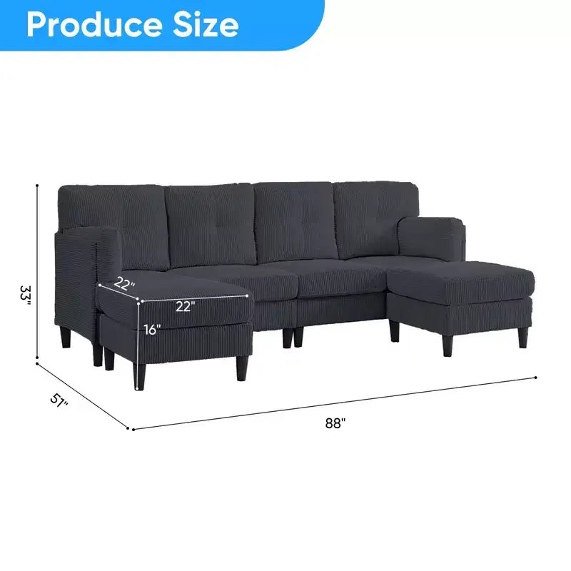 Mjkone Canapé modulable réversible en velours côtelé en forme de U, rembourré 4 places avec pouf mobile