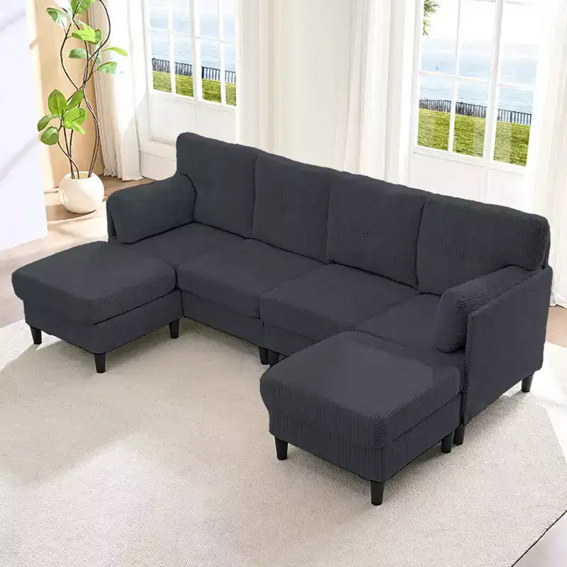 Mjkone Canapé modulable réversible en velours côtelé en forme de U, rembourré 4 places avec pouf mobile