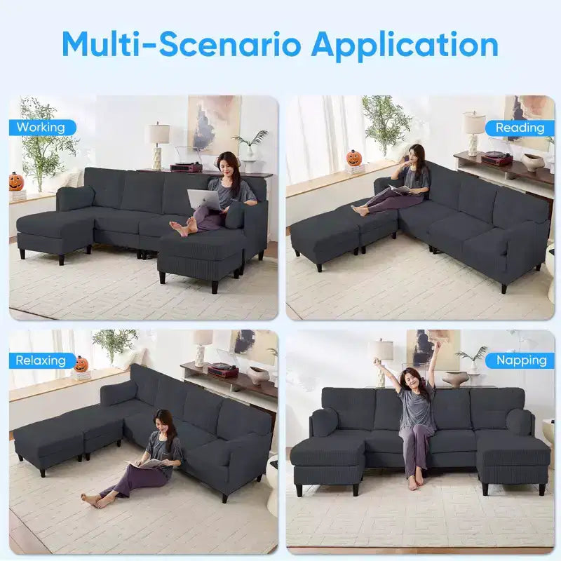 Mjkone Canapé modulable réversible en velours côtelé en forme de U, rembourré 4 places avec pouf mobile