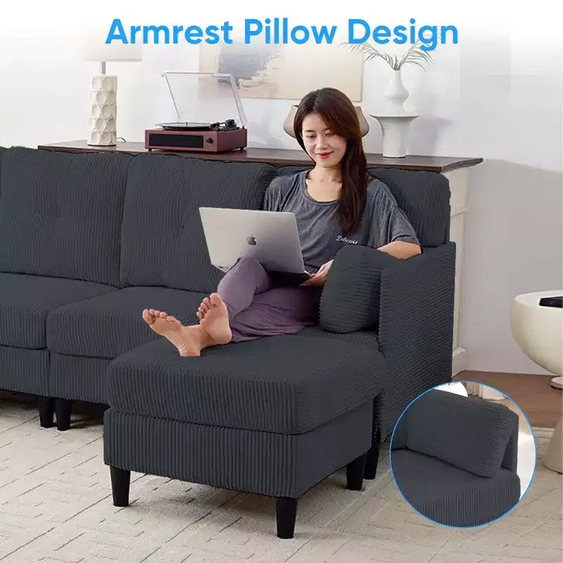 Mjkone Canapé modulable réversible en velours côtelé en forme de U, rembourré 4 places avec pouf mobile