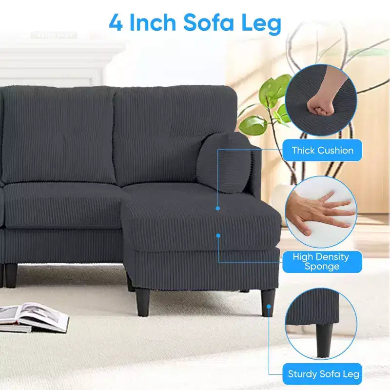 Mjkone Canapé modulable réversible en velours côtelé en forme de U, rembourré 4 places avec pouf mobile