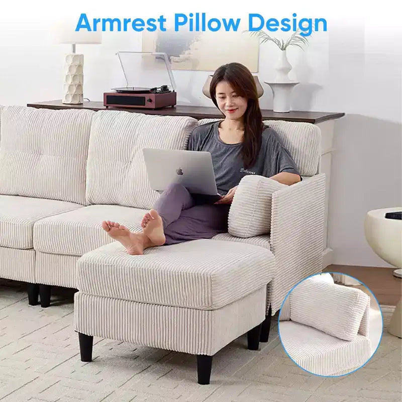 Mjkone Canapé modulable réversible en velours côtelé en forme de U, rembourré 4 places avec pouf mobile