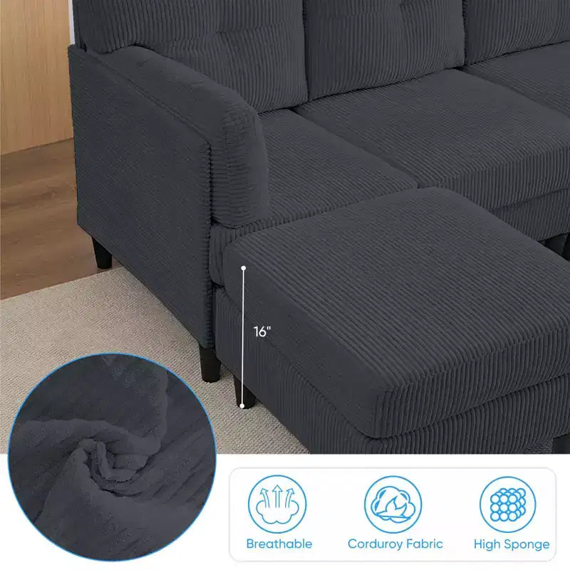 Mjkone Canapé modulable réversible en velours côtelé en forme de U, rembourré 4 places avec pouf mobile