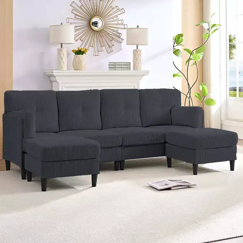 Mjkone Canapé modulable réversible en velours côtelé en forme de U, rembourré 4 places avec pouf mobile
