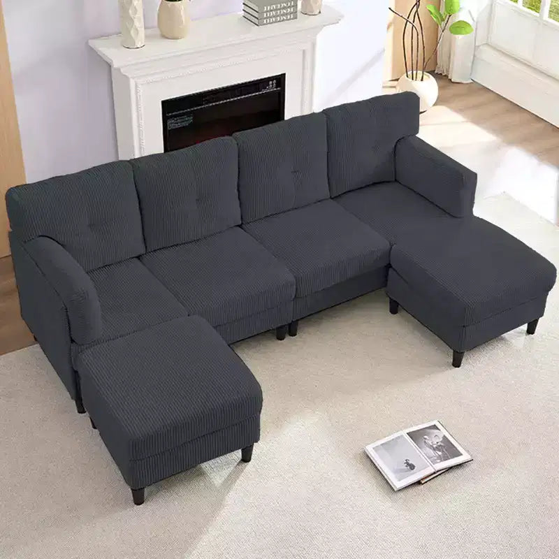 Mjkone Canapé modulable réversible en velours côtelé en forme de U, rembourré 4 places avec pouf mobile